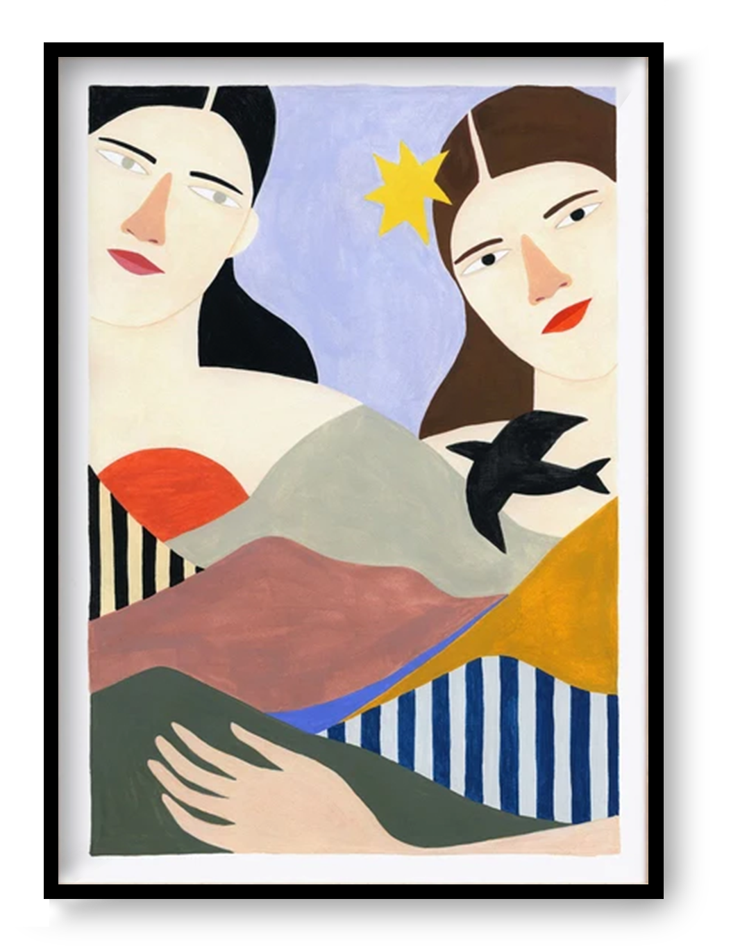 Minimalist illustration of two women with calm expressions blended into abstract mountain shapes, soft earthy tones, and geometric patterns in a modern A3 art print