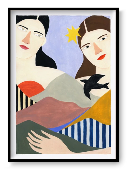 Minimalist illustration of two women with calm expressions blended into abstract mountain shapes, soft earthy tones, and geometric patterns in a modern A3 art print