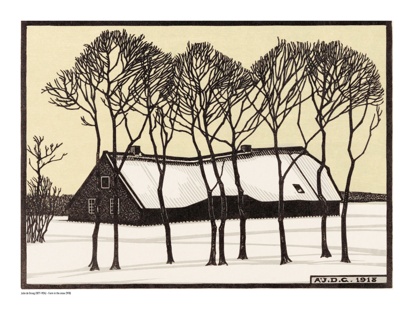 Black and cream winter landscape by Julie de Graag showing a snow-covered farmhouse behind tall bare trees, reproduced as a horizontal digital print for calm wall art and natural home decor.
