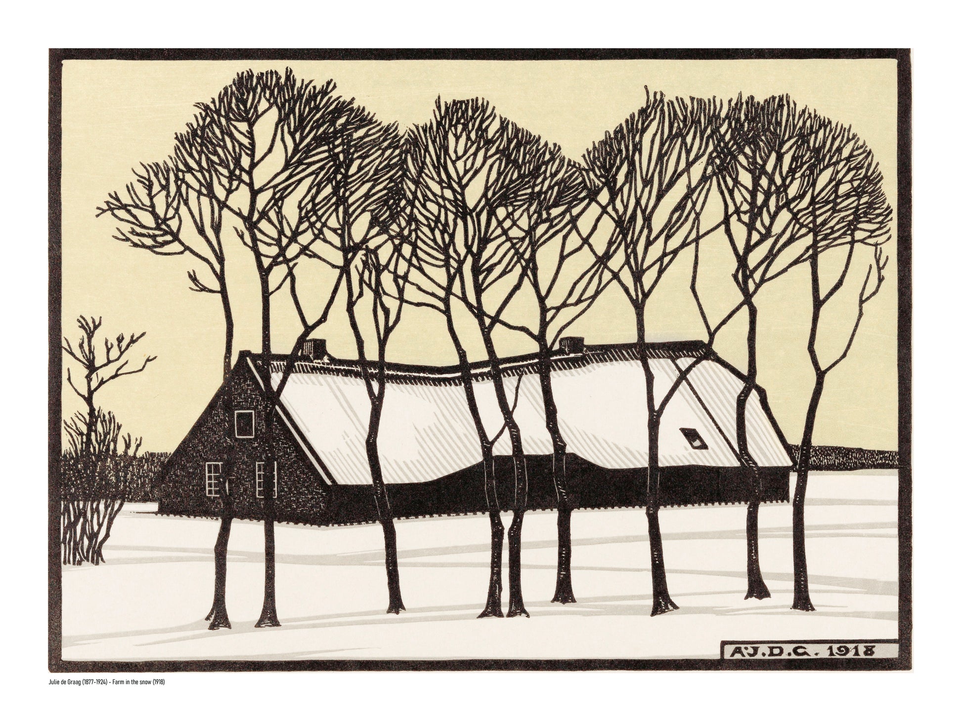 Black and cream winter landscape by Julie de Graag showing a snow-covered farmhouse behind tall bare trees, reproduced as a horizontal digital print for calm wall art and natural home decor.