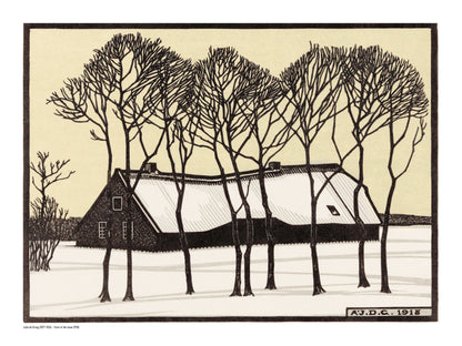 Black and cream winter landscape by Julie de Graag showing a snow-covered farmhouse behind tall bare trees, reproduced as a horizontal digital print for calm wall art and natural home decor.