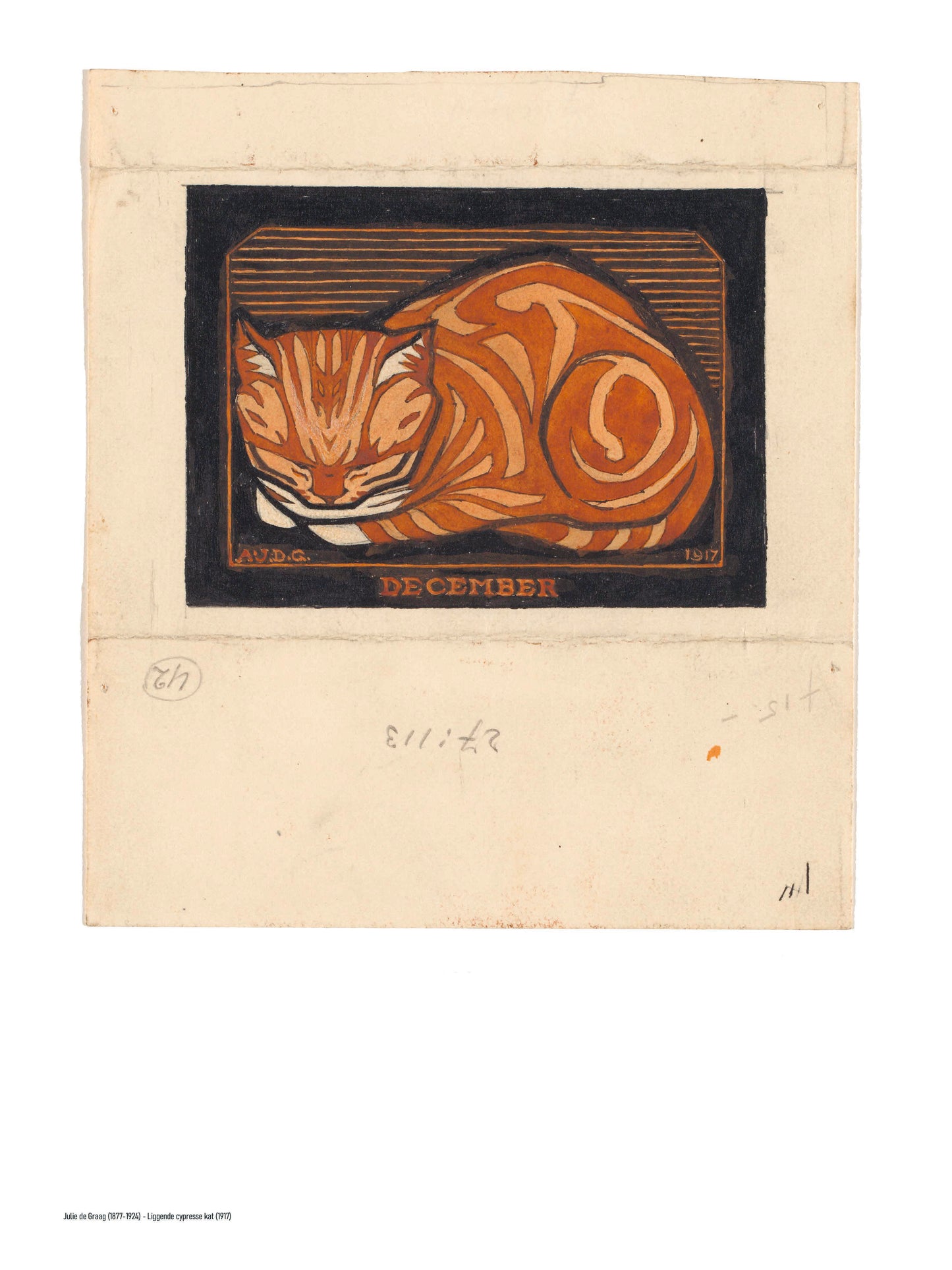 Orange curled cat in a bold early 20th-century woodcut style, with black outlines and a dark background. Vertical digital art print for cosy wall decor and cat-themed interiors.