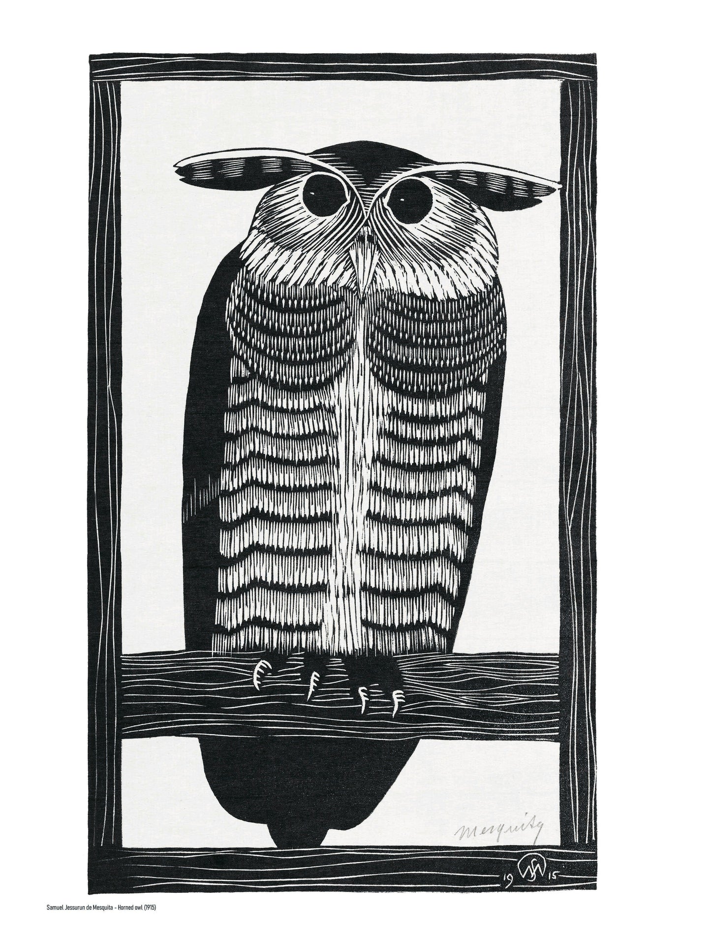 Black-and-white portrait of a horned owl perched on a branch, created in Samuel Jessurun de Mesquita’s detailed woodcut style. Vertical wall art for an office, library, bedroom, or monochrome interior.