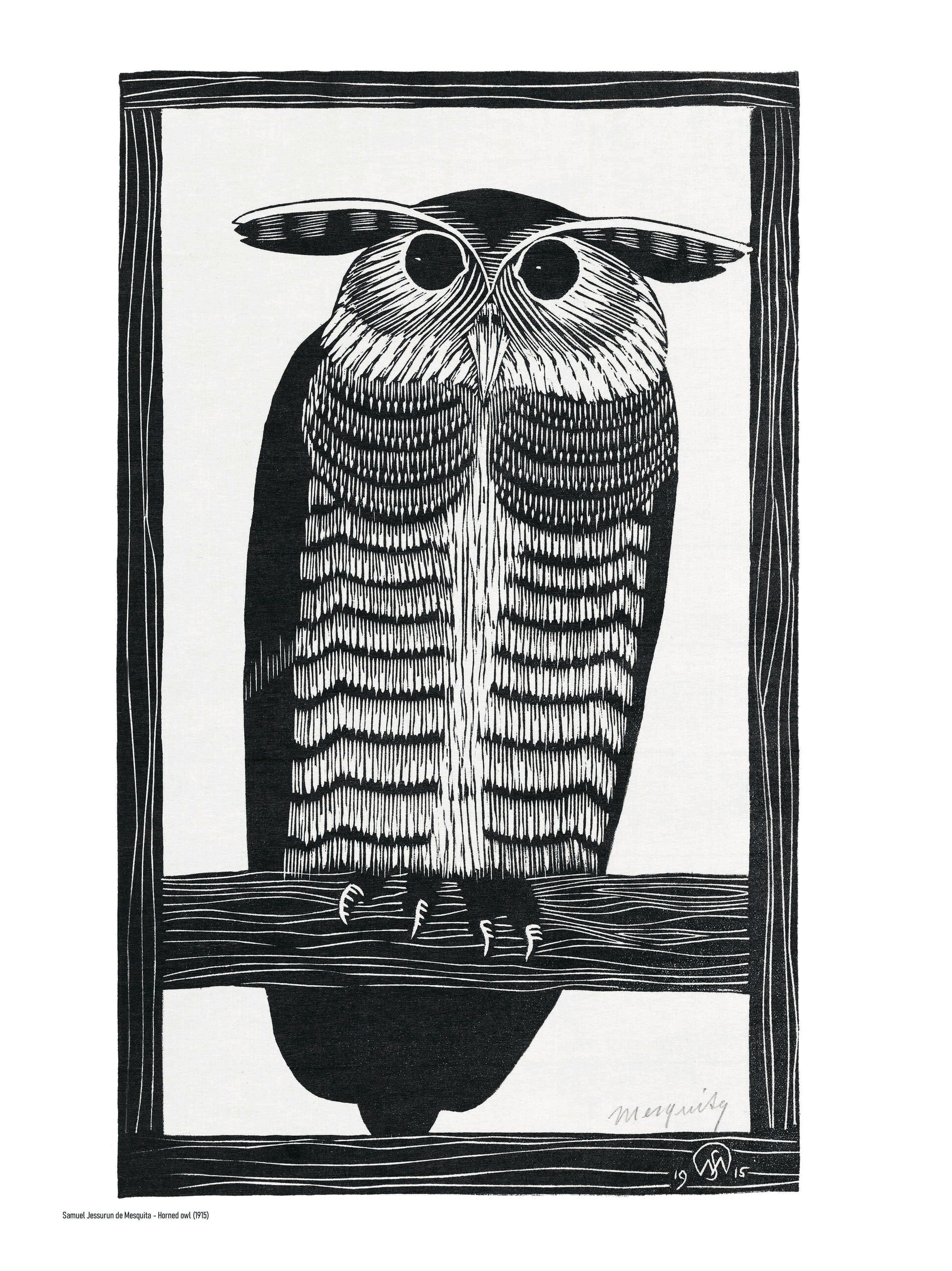 Black-and-white portrait of a horned owl perched on a branch, created in Samuel Jessurun de Mesquita’s detailed woodcut style. Vertical wall art for an office, library, bedroom, or monochrome interior.