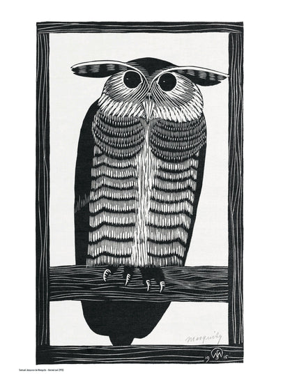 Black-and-white portrait of a horned owl perched on a branch, created in Samuel Jessurun de Mesquita’s detailed woodcut style. Vertical wall art for an office, library, bedroom, or monochrome interior.