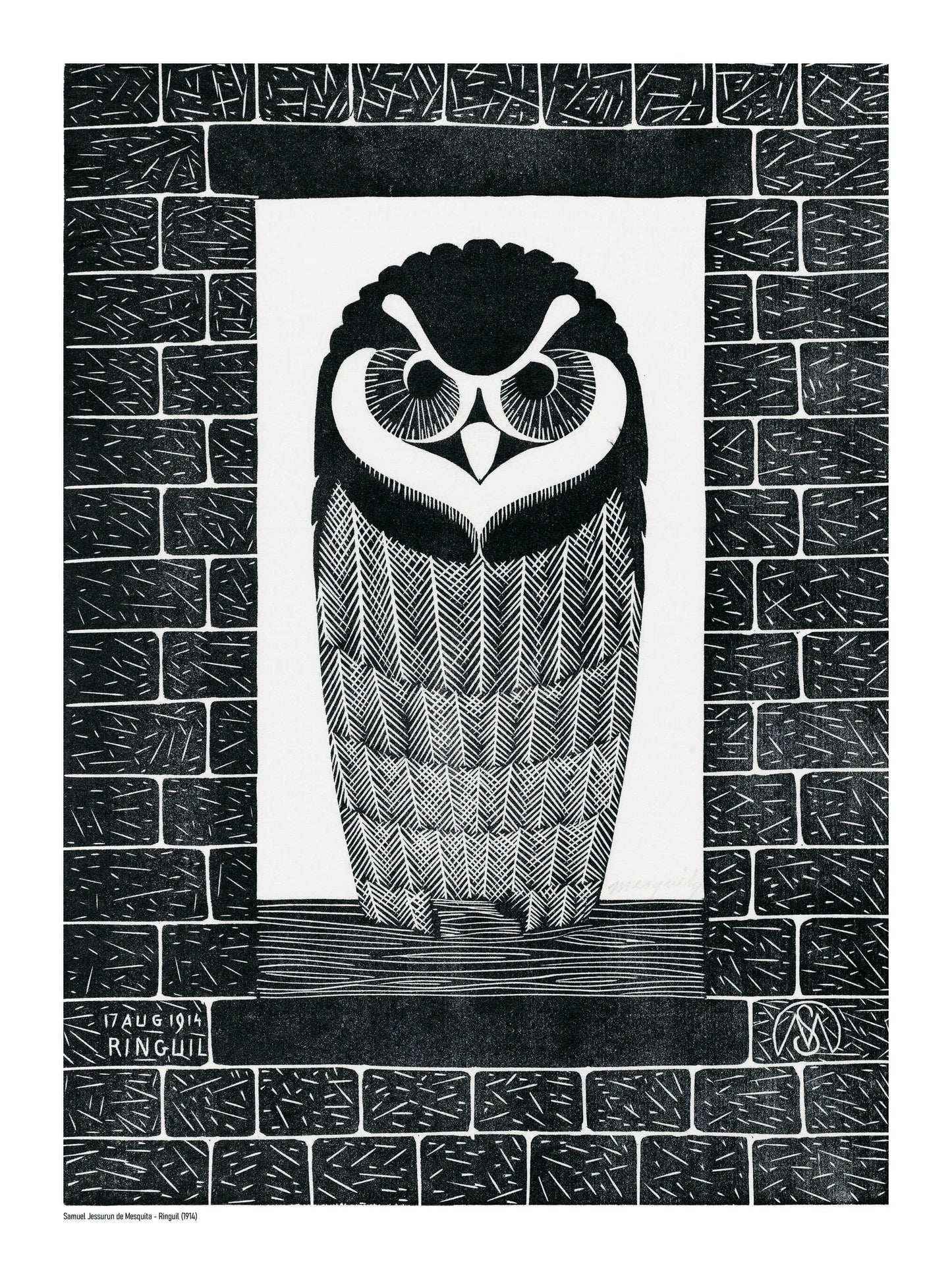 Black-and-white portrait of a wide-eyed owl framed by textured brick patterns, based on a 1914 Dutch woodcut, in vertical format for graphic wall art and study decor.