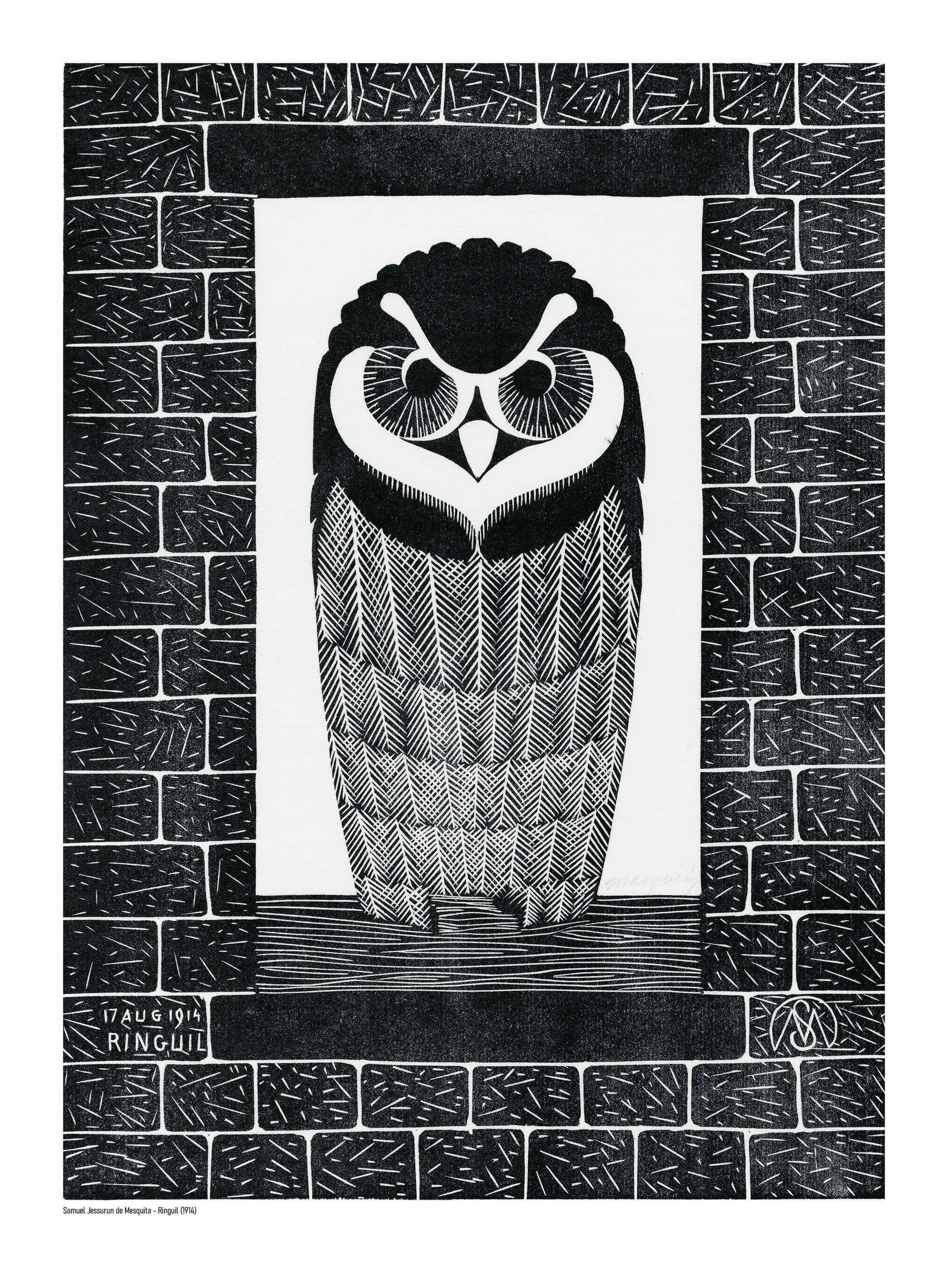 Black-and-white portrait of a wide-eyed owl framed by textured brick patterns, based on a 1914 Dutch woodcut, in vertical format for graphic wall art and study decor.