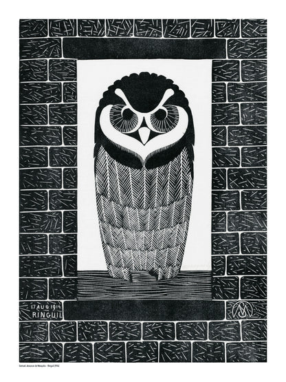 Black-and-white portrait of a wide-eyed owl framed by textured brick patterns, based on a 1914 Dutch woodcut, in vertical format for graphic wall art and study decor.