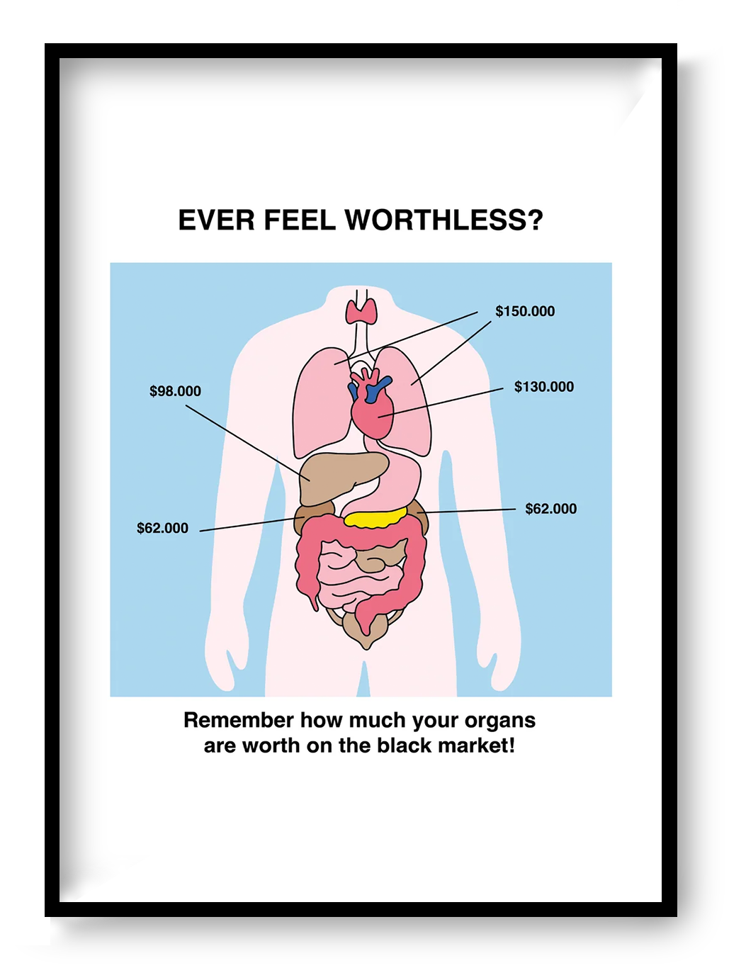 Worthless by Studio Stoutpoep is an A3 digital art print with dark humor and bold color, ideal as playful wall art and quirky home decor.