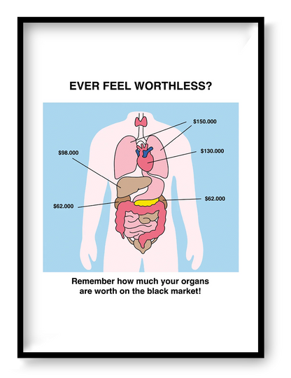 Worthless by Studio Stoutpoep is an A3 digital art print with dark humor and bold color, ideal as playful wall art and quirky home decor.