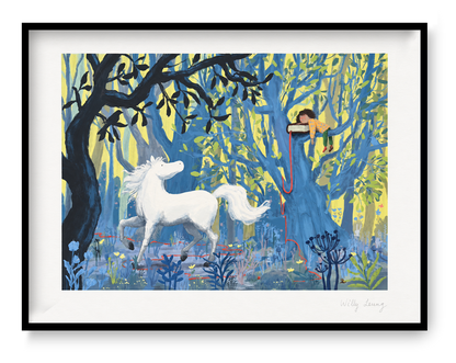 Year of the Horse by Willy Leung, giclée print showing a white horse in a blue, green and yellow forest beneath a sleeping figure, whimsical wall art for bedrooms and creative interiors.