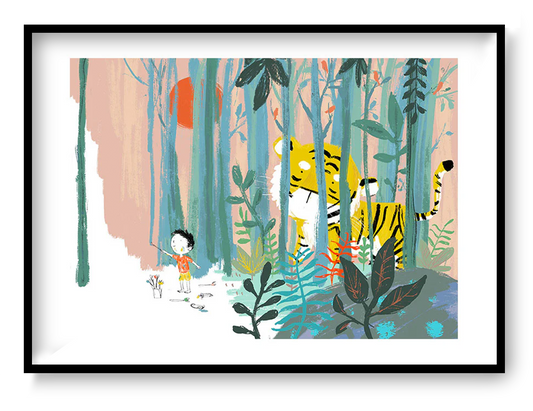 Child standing in a pastel forest facing a large yellow tiger behind tall trees, illustrated by Willy Leung in a soft poetic style with teal foliage and dreamlike colors.