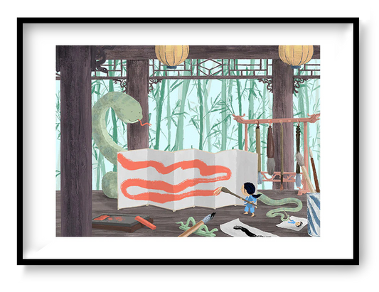 Year of the Snake by Willy Leung, a poetic giclée art print showing a child painting beside a large green snake in a calm bamboo-inspired interior, ideal for fantasy wall art, children’s room decor, and storytelling illustration lovers.