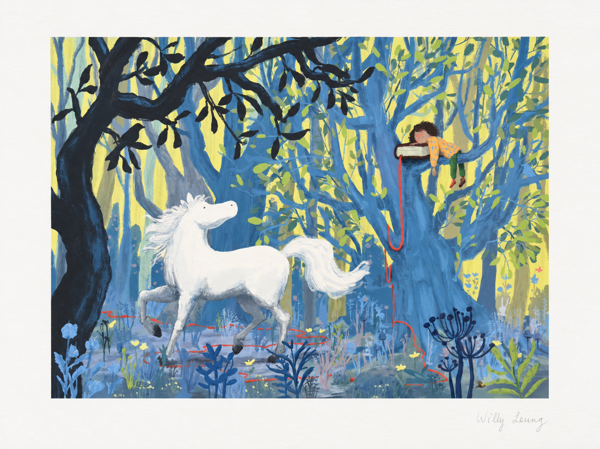 Year of the Horse by Willy Leung, giclée print showing a white horse in a blue, green and yellow forest beneath a sleeping figure, whimsical wall art for bedrooms and creative interiors.