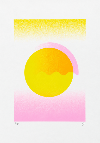 Yellow Gradient by PLUMO, vertical A3 hand-pulled screenprint with abstract geometric circles and blocks in bright yellow, orange and soft pink, ideal as colourful contemporary wall art.
