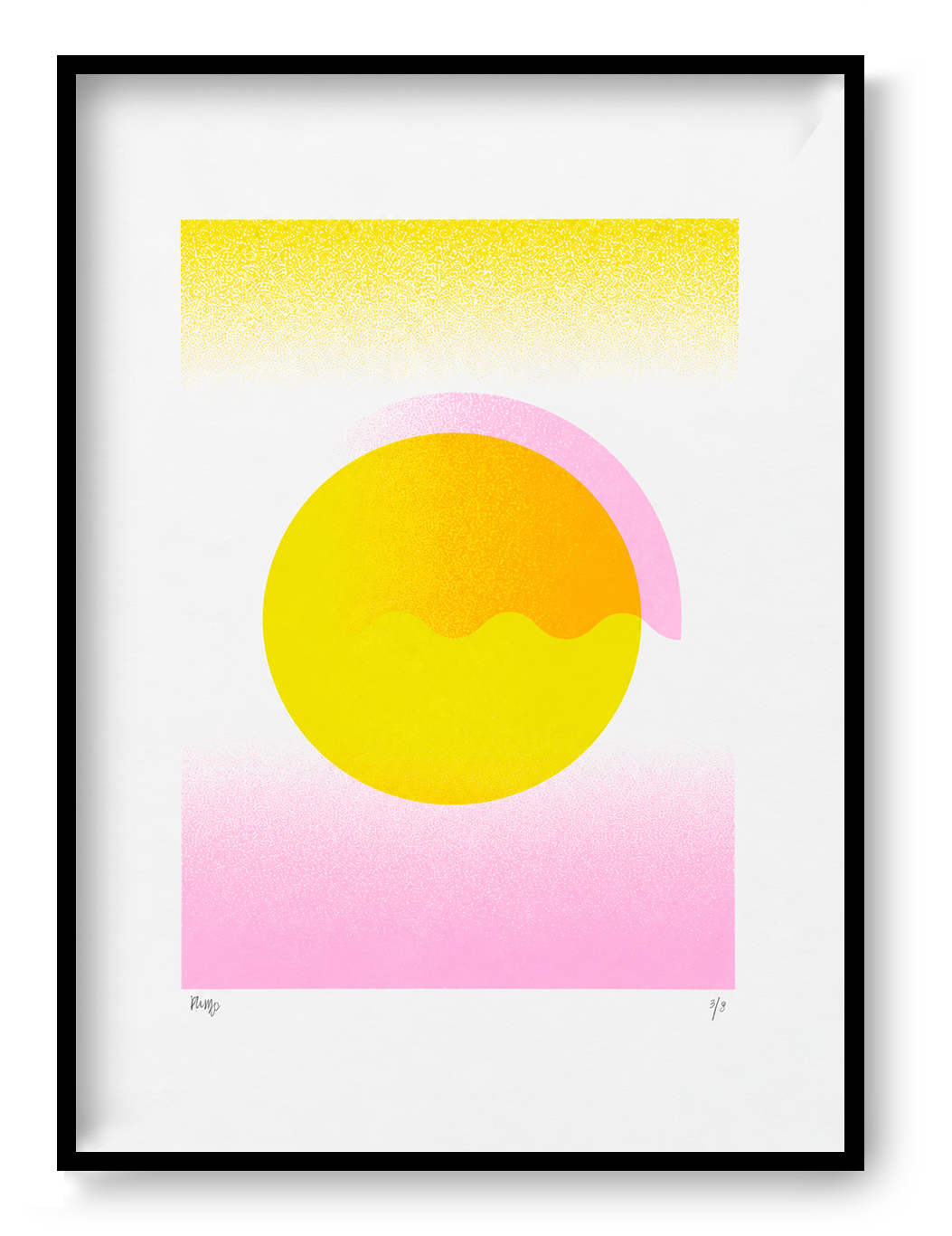 Yellow Gradient by PLUMO, vertical A3 hand-pulled screenprint with abstract geometric circles and blocks in bright yellow, orange and soft pink, ideal as colourful contemporary wall art.