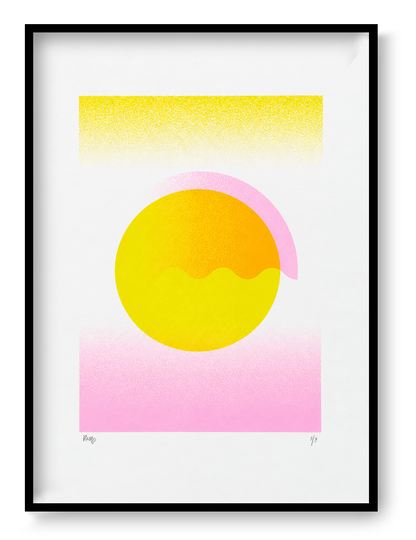 Yellow Gradient by PLUMO, vertical A3 hand-pulled screenprint with abstract geometric circles and blocks in bright yellow, orange and soft pink, ideal as colourful contemporary wall art.