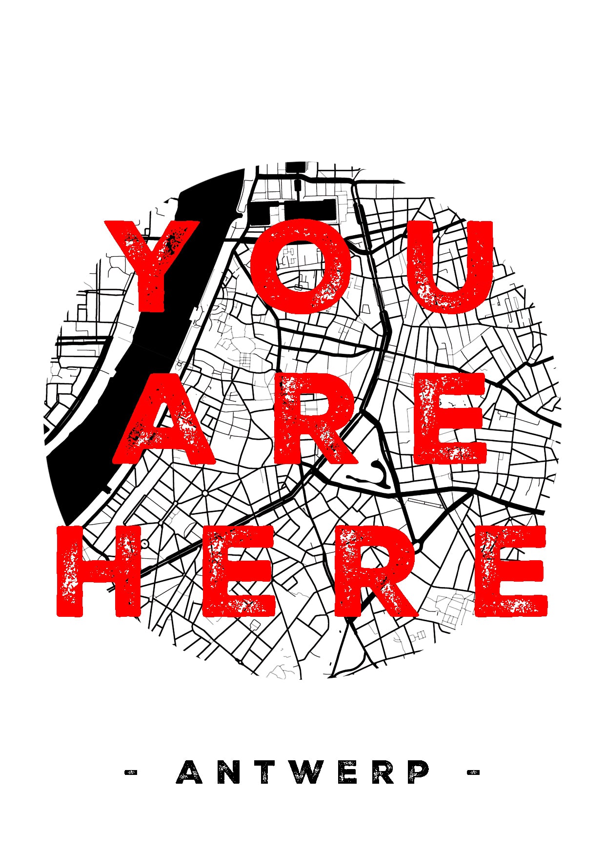 Handmade A3 screen print titled “You Are Here” by De Zeverij, featuring a black-and-white map of Antwerp with bold red typography, modern graphic wall art printed in Belgium for contemporary interiors.