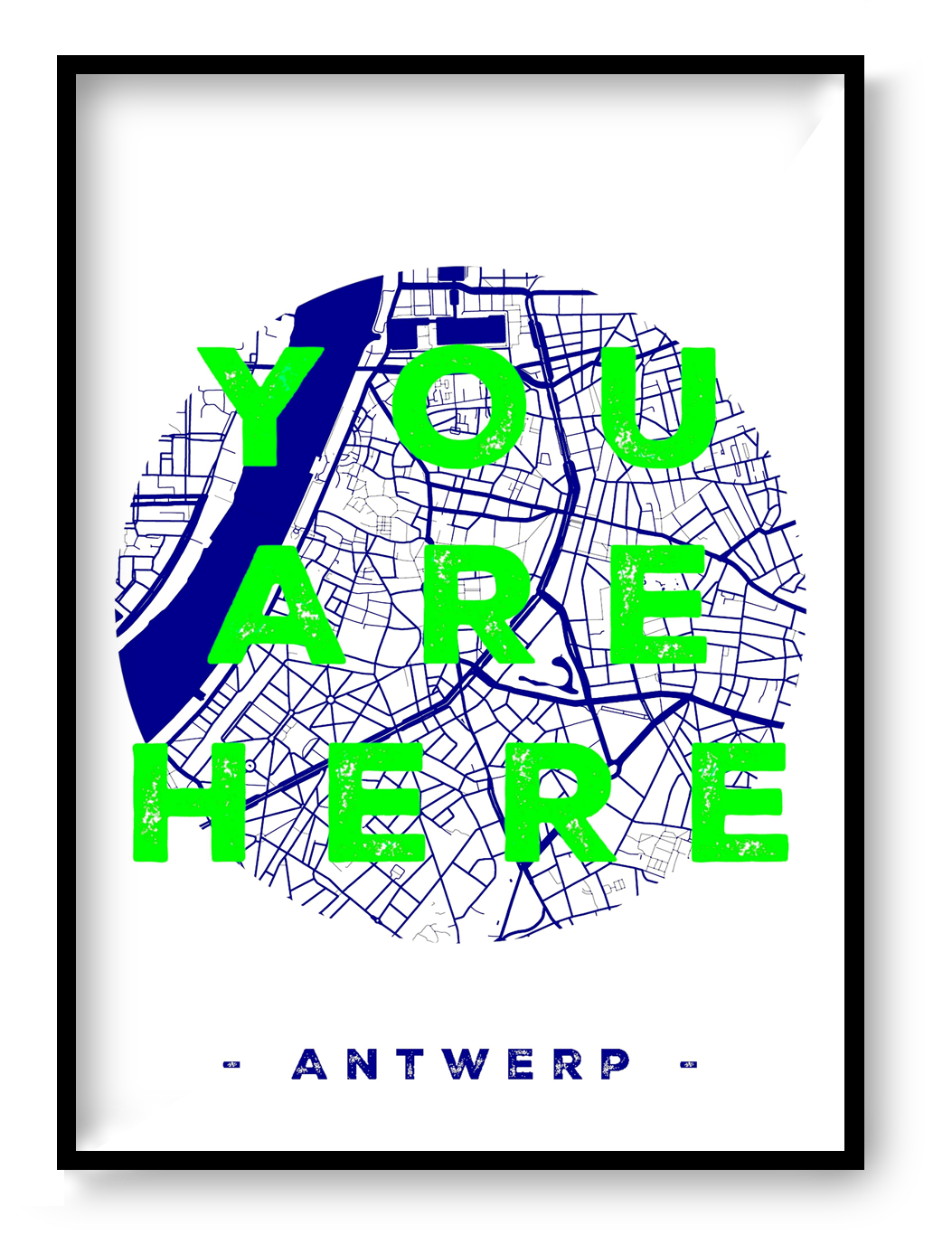 Handmade A3 screen print titled “You Are Here” by De Zeverij, featuring a blue-and-white map of Antwerp with bold green typography, modern graphic wall art printed in Belgium for contemporary interiors.