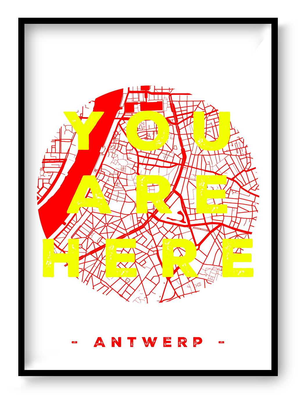 Handmade A3 screen print titled “You Are Here” by De Zeverij, featuring a Red-and-white map of Antwerp with bold yellow typography, modern graphic wall art printed in Belgium for contemporary interiors.