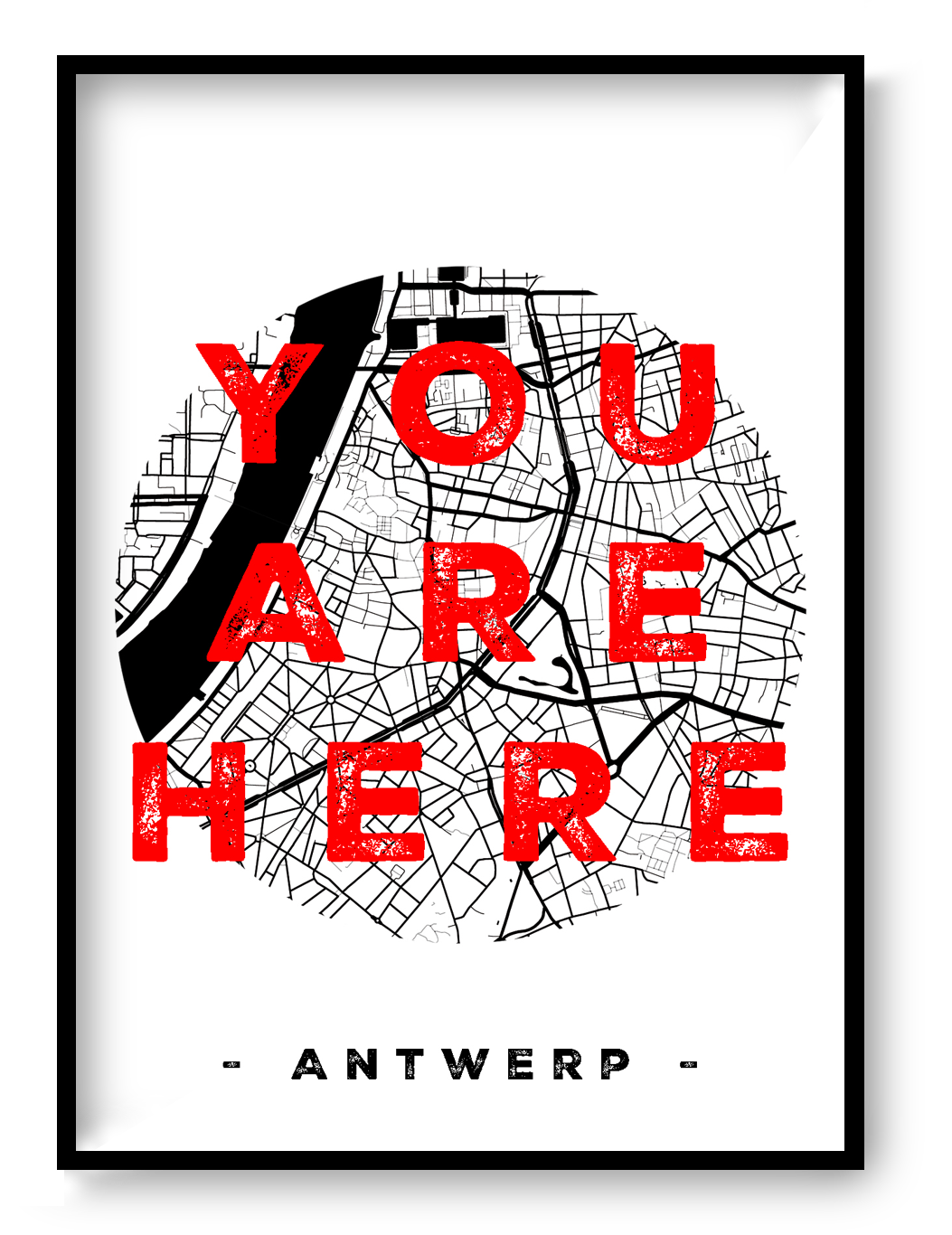 Handmade A3 screen print titled “You Are Here” by De Zeverij, featuring a black-and-white map of Antwerp with bold red typography, modern graphic wall art printed in Belgium for contemporary interiors.