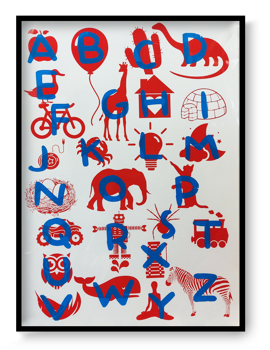 Playful and educational alphabet poster by De Zeverij featuring bold letters paired with charming red-blue or blue-yellow illustrations of animals, objects, and everyday items. Designed in a fun, screen-printed style perfect for children's rooms, classrooms, or creative spaces—an eye-catching blend of learning and modern design