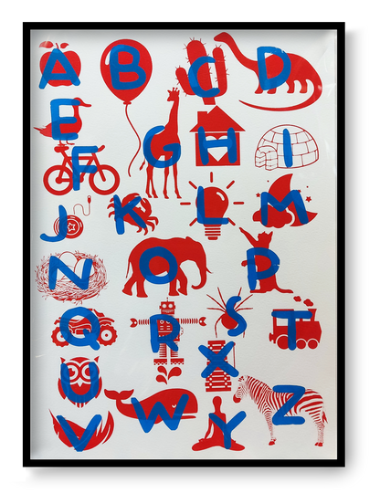 Playful and educational alphabet poster by De Zeverij featuring bold letters paired with charming red-blue or blue-yellow illustrations of animals, objects, and everyday items. Designed in a fun, screen-printed style perfect for children's rooms, classrooms, or creative spaces—an eye-catching blend of learning and modern design