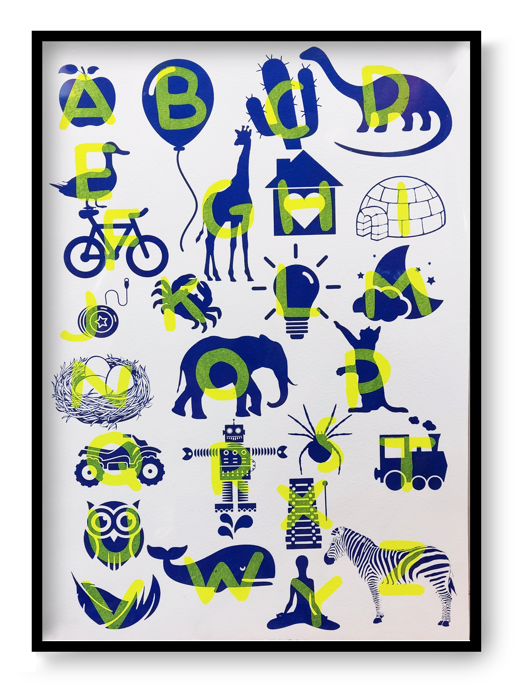 Playful and educational alphabet poster by De Zeverij featuring bold letters paired with charming red-blue or blue-yellow illustrations of animals, objects, and everyday items. Designed in a fun, screen-printed style perfect for children's rooms, classrooms, or creative spaces—an eye-catching blend of learning and modern design